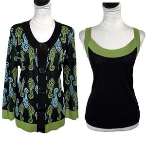 Y2K Caprice Seahorse Print Twin Set Size XL Nautical 2 Pc Tank Cardigan Sweater‎